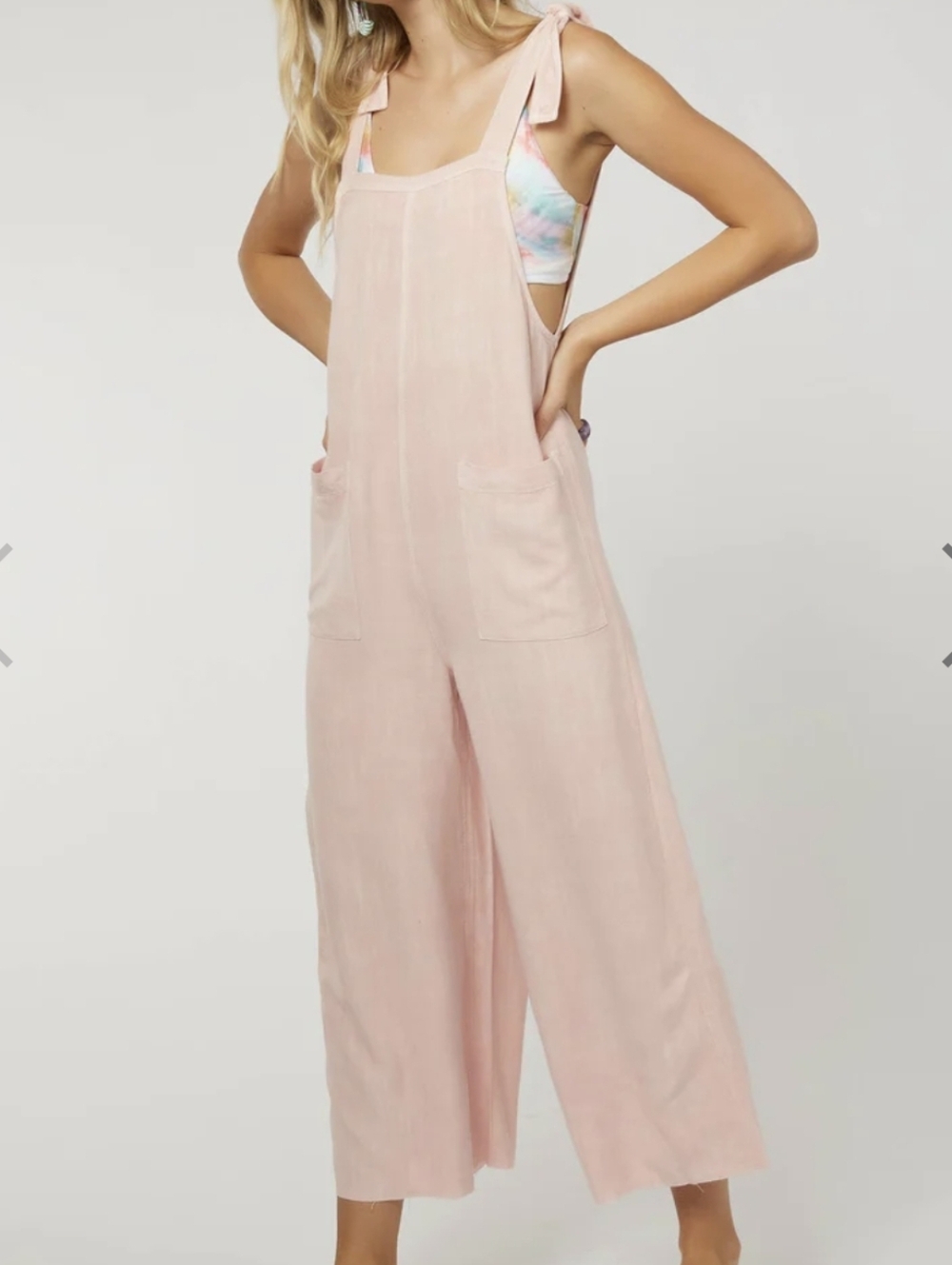 O'Neill SID Light Pink Tie-Shoulder Straight Leg Jumpsuit Size Small